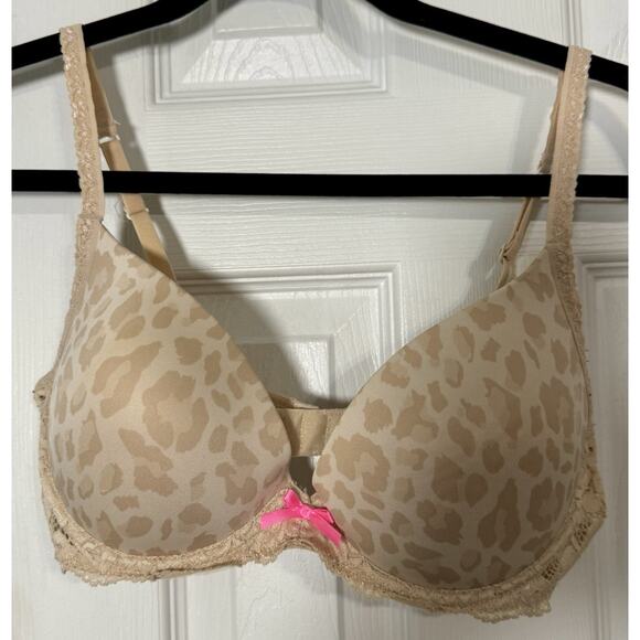Xhilaration Nude Leopard Print Bra, 2 Hooks, Padded Push-Up, Lace, Bow, 36C - Picture 1 of 6